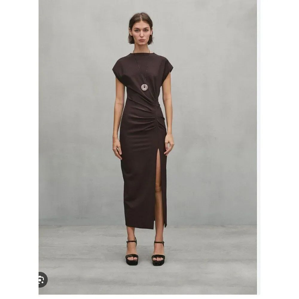 Massimo Dutti Womens Midi Dress XS Brown Gathered Detail Slit 9225/952 NWT